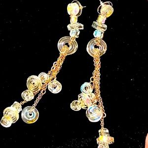 Vintage 80s Dichroic glass beads with 925 sterling silver chain earrings